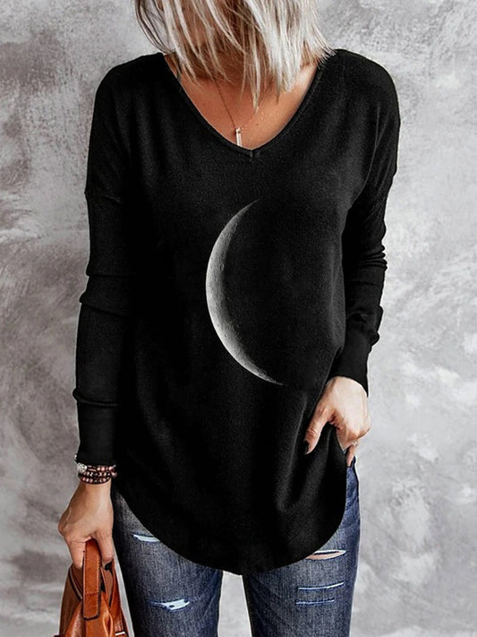 V-Ausschnitt Langarm Shirts & Blusen mit Mond Print